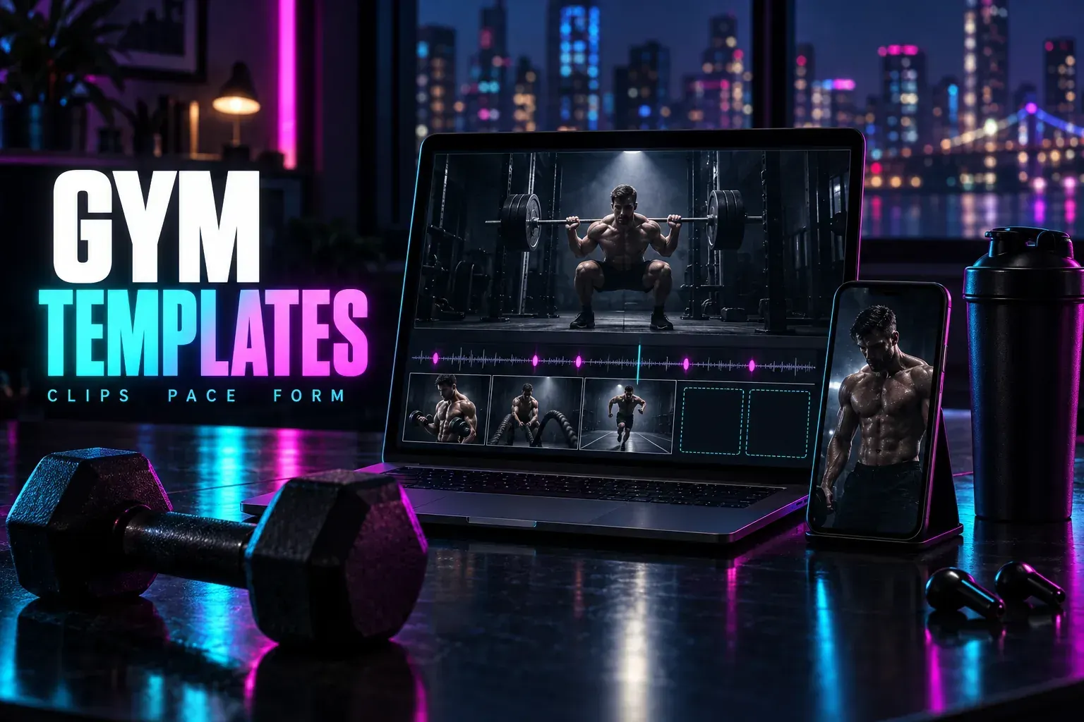 Laptop with a man mid barbell squat, curl, rope and sprint clips with magenta beat dots and two empty slots below, a phone, shaker, earbuds and a dumbbell, under the title Gym Templates