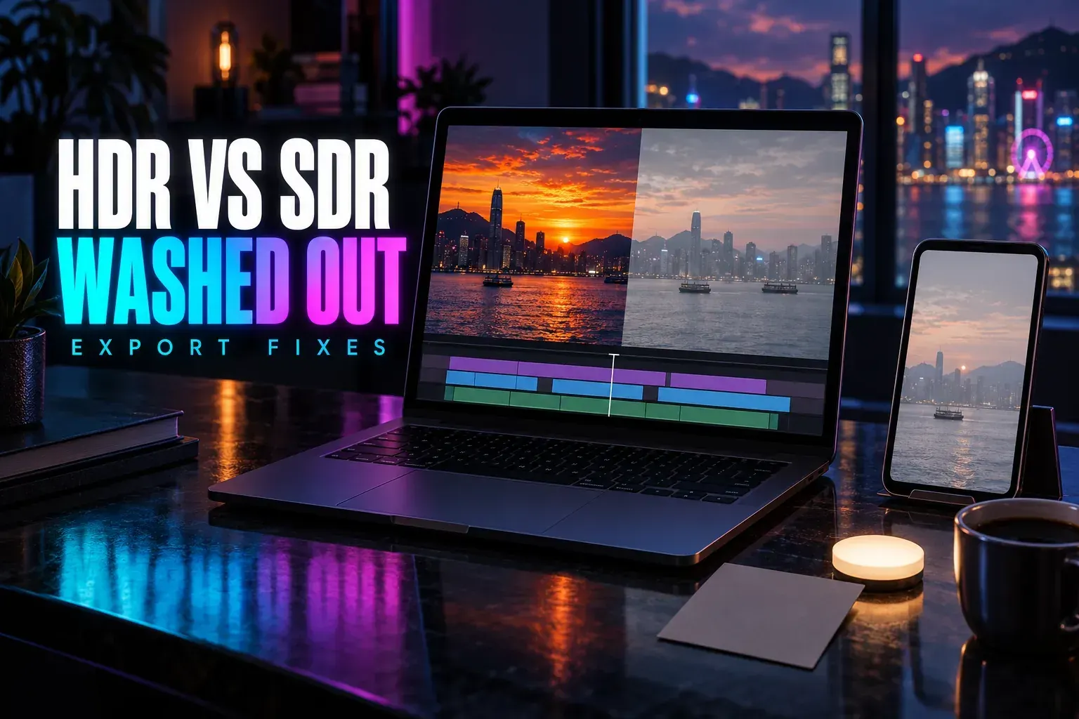 Laptop with a harbour sunset split into a rich, contrasty half and a flat, washed-out half, a phone with the pale version, a grey card and a light puck, under the title HDR vs SDR Washed Out
