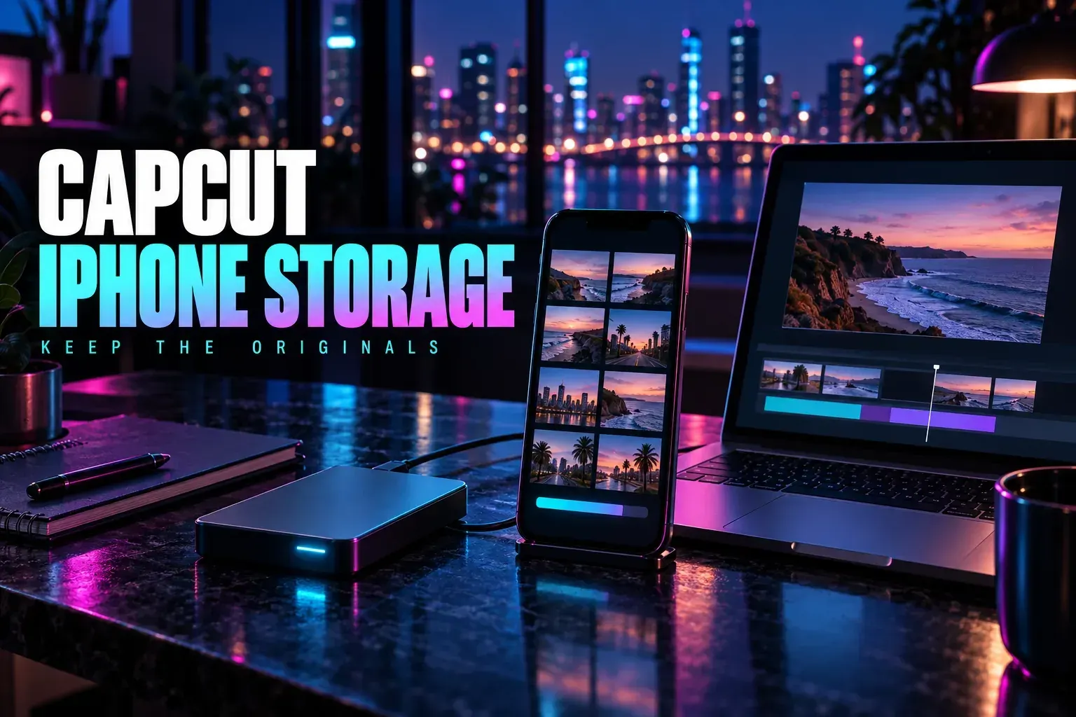 Phone video library beside a laptop and external drive under the title CapCut iPhone Storage