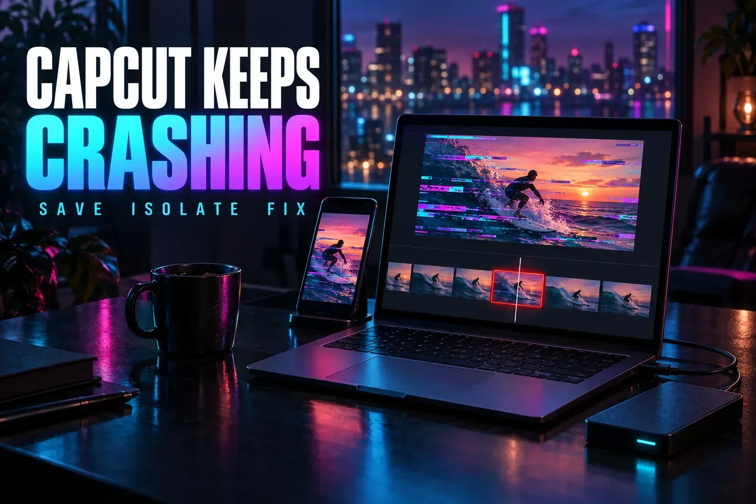 Phone and laptop showing the same surf clip broken by glitch bands, one timeline clip outlined in red at the playhead, and an external drive plugged in, titled CapCut Keeps Crashing