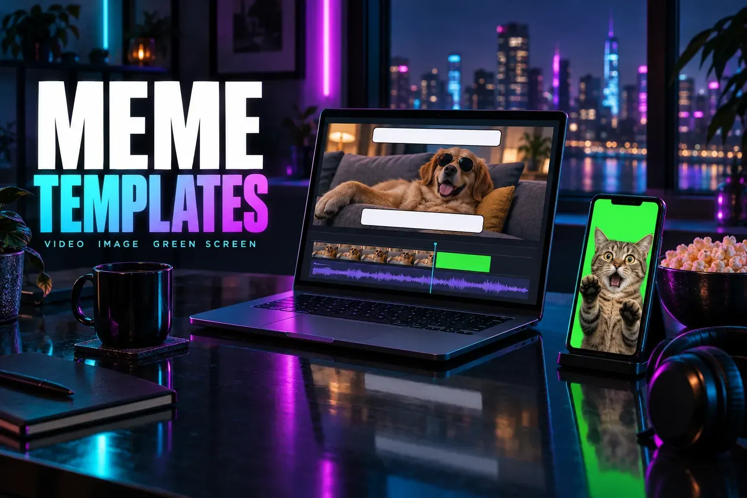 Laptop with a dog in sunglasses between two blank caption bars, a green clip on the timeline, a phone with a startled cat on green screen, popcorn and headphones, titled Meme Templates
