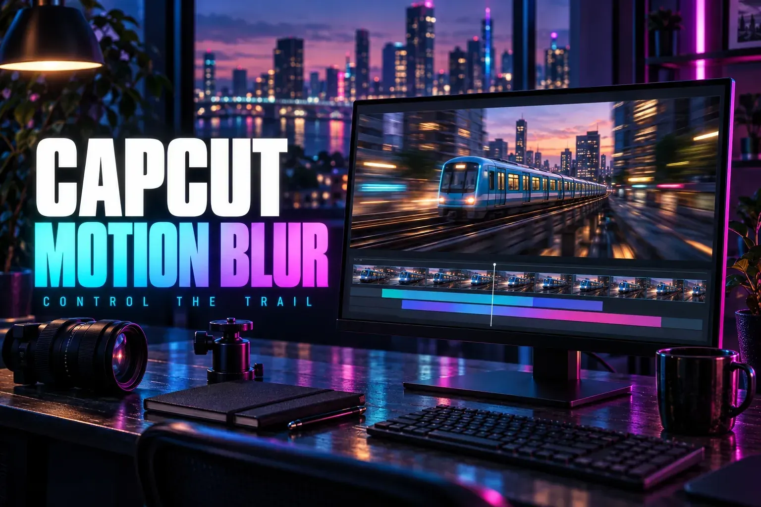 Train video with motion trails on an editing monitor beside a camera lens and the title CapCut Motion Blur