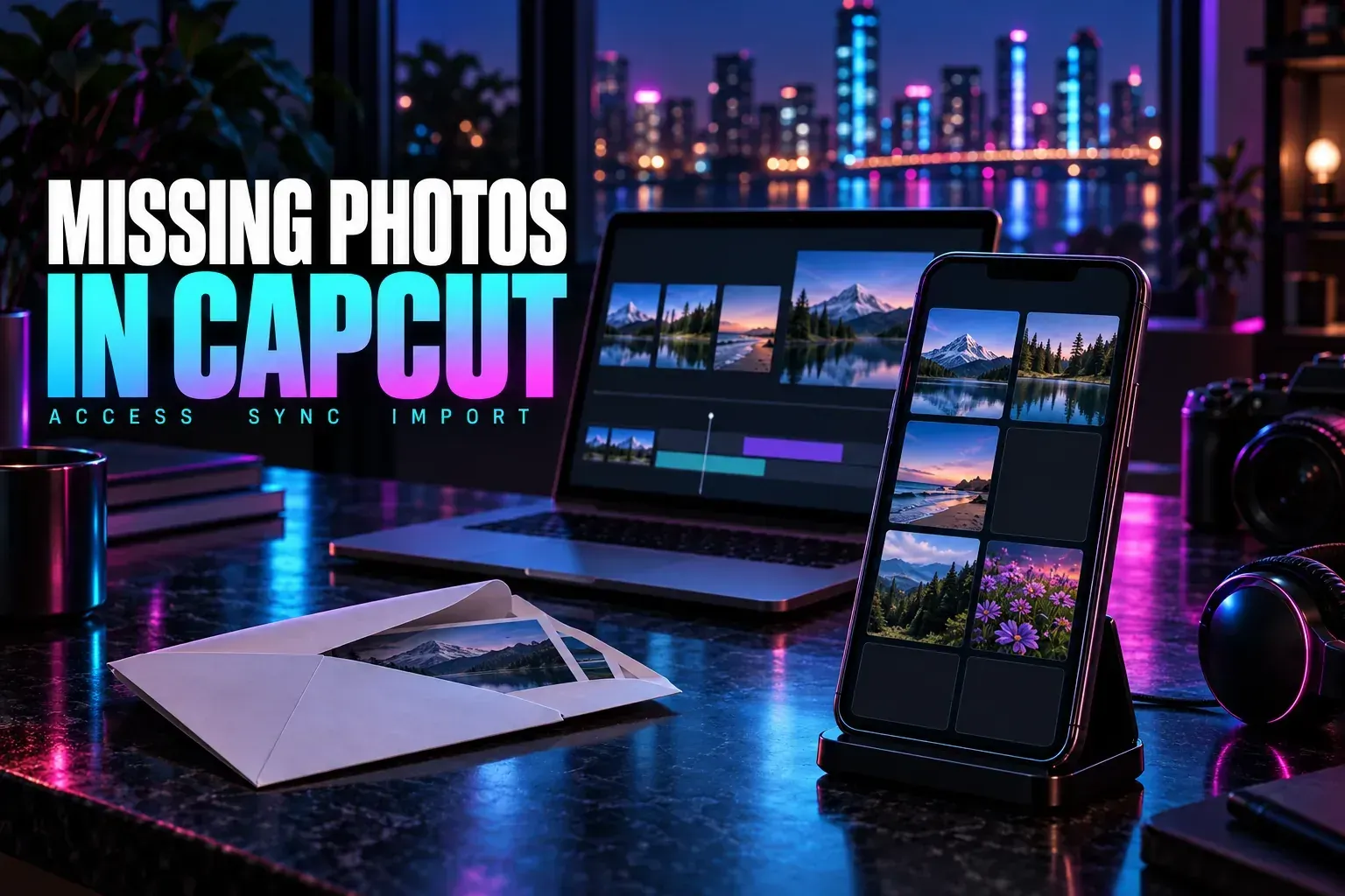 Phone photo grid beside an editing laptop under the title Missing Photos in CapCut