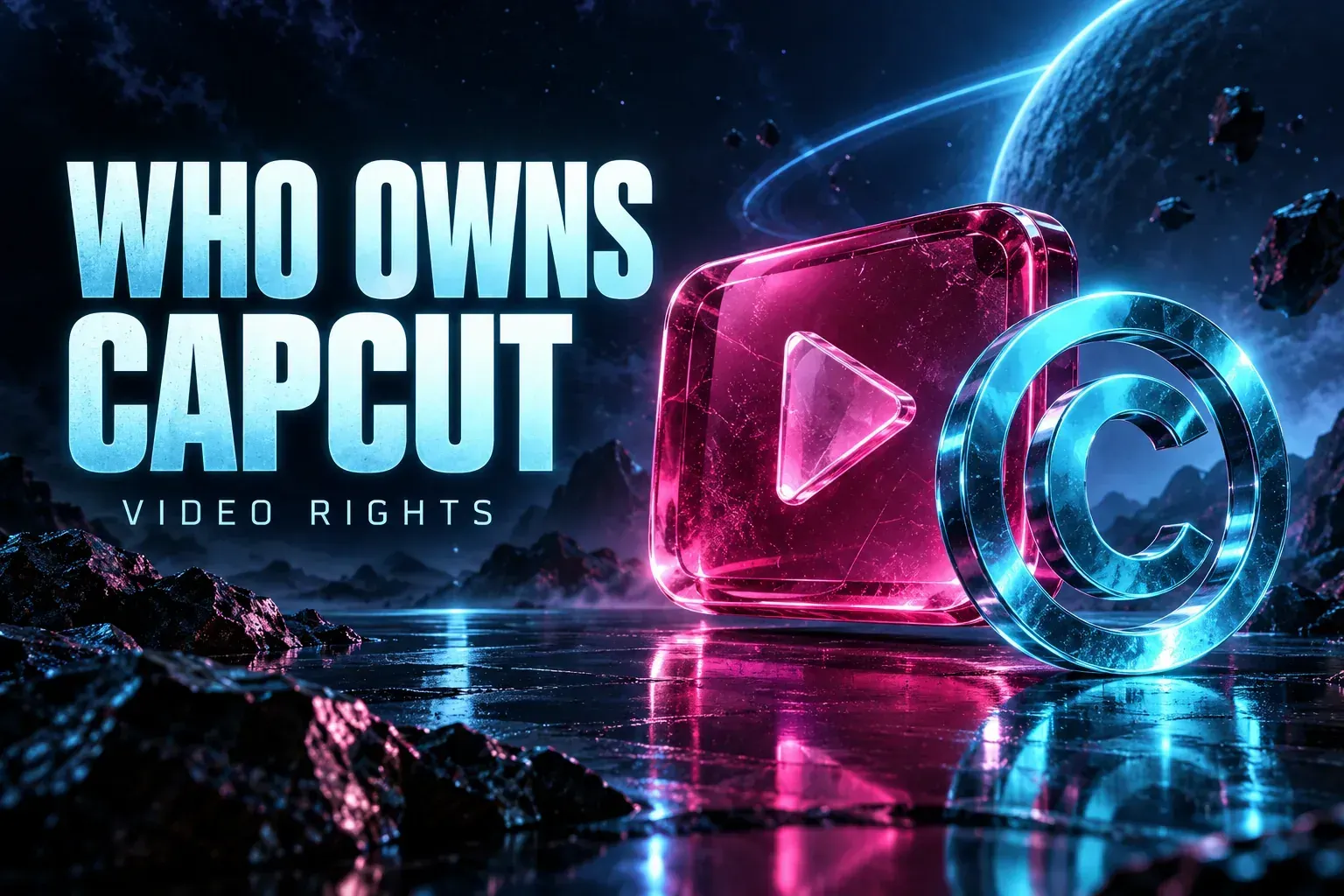 Neon cyan copyright symbol beside a magenta glass video sculpture under the title Who Owns CapCut