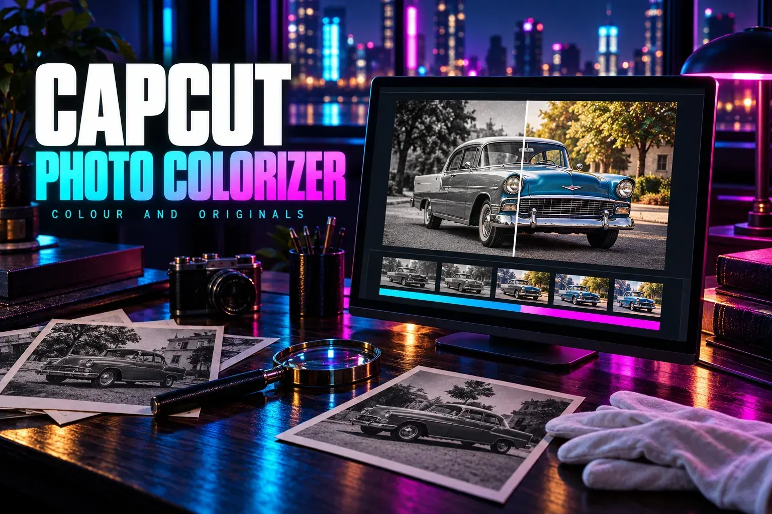 Vintage car photo in grayscale and colour on a monitor under the title CapCut Photo Colorizer