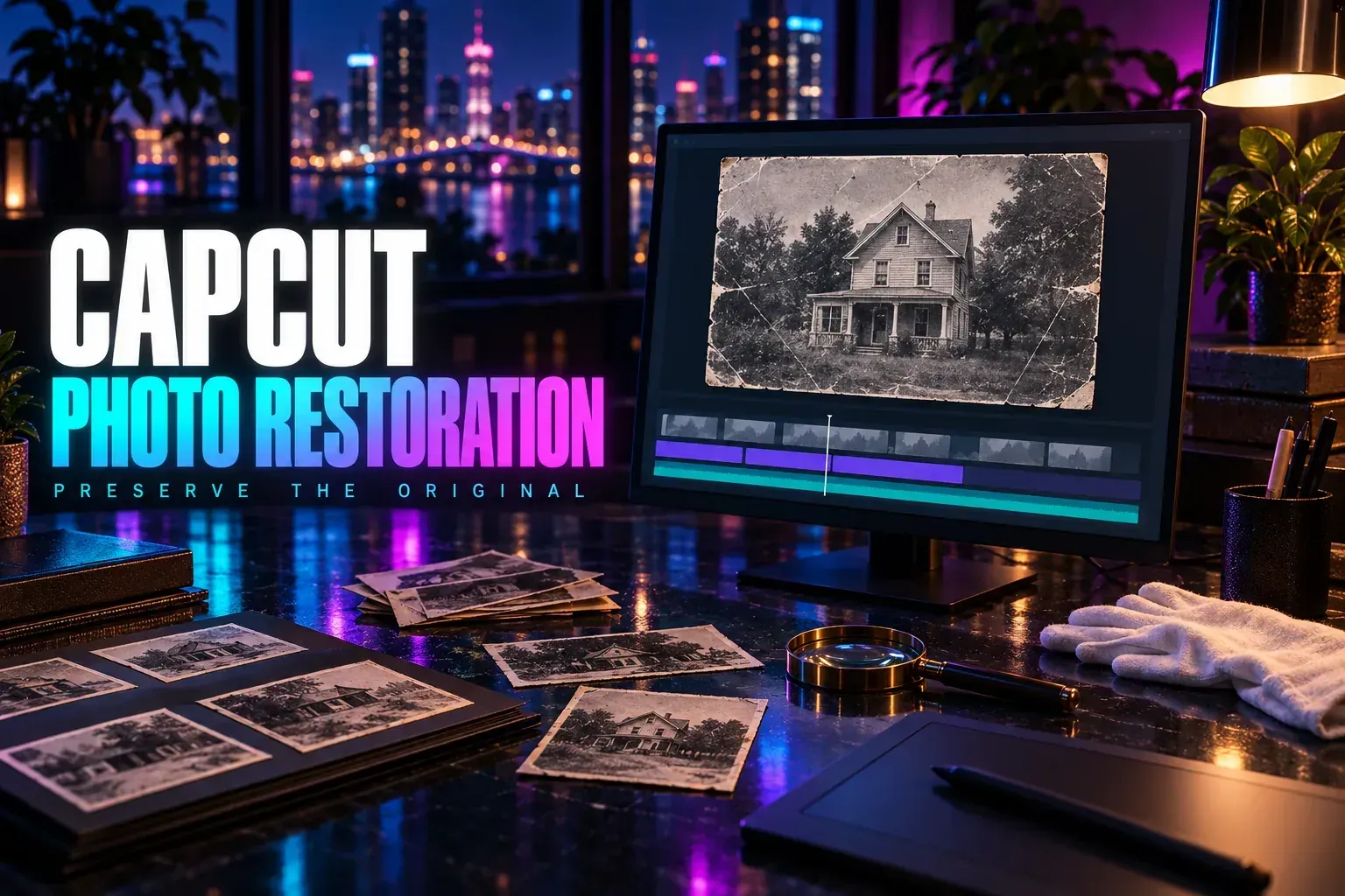 Vintage house photo on a monitor beside archival prints under the title CapCut Photo Restoration