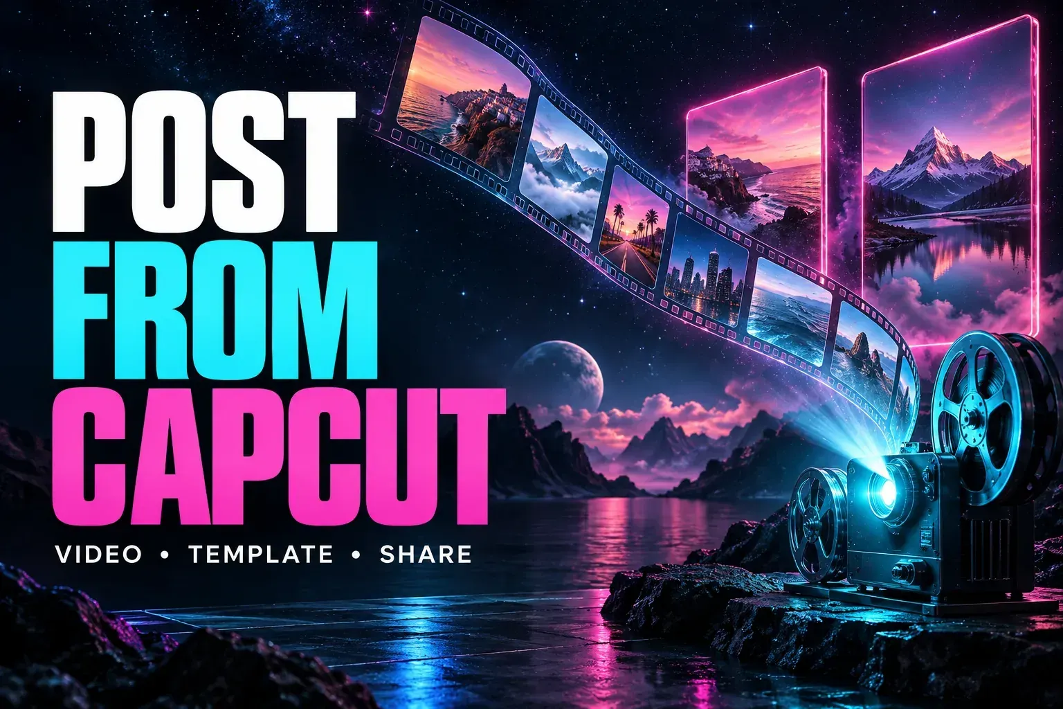 Neon film frames moving from a cyan cinema projector toward magenta screens beside the title Post from CapCut