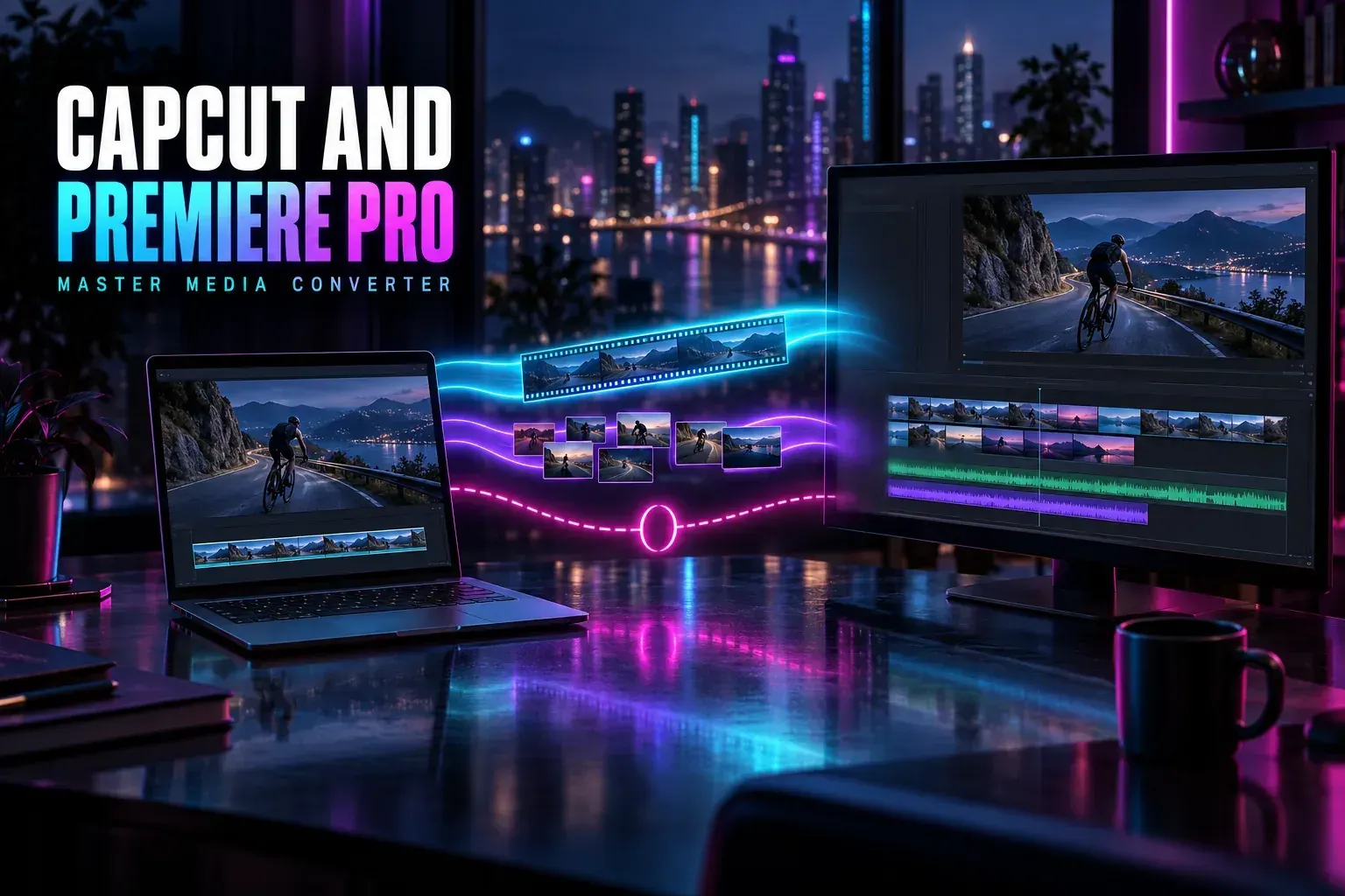 Small laptop with a single-track cycling edit and a large monitor with a multi-track timeline, joined by film-strip, thumbnail and dashed light bands, titled CapCut and Premiere Pro