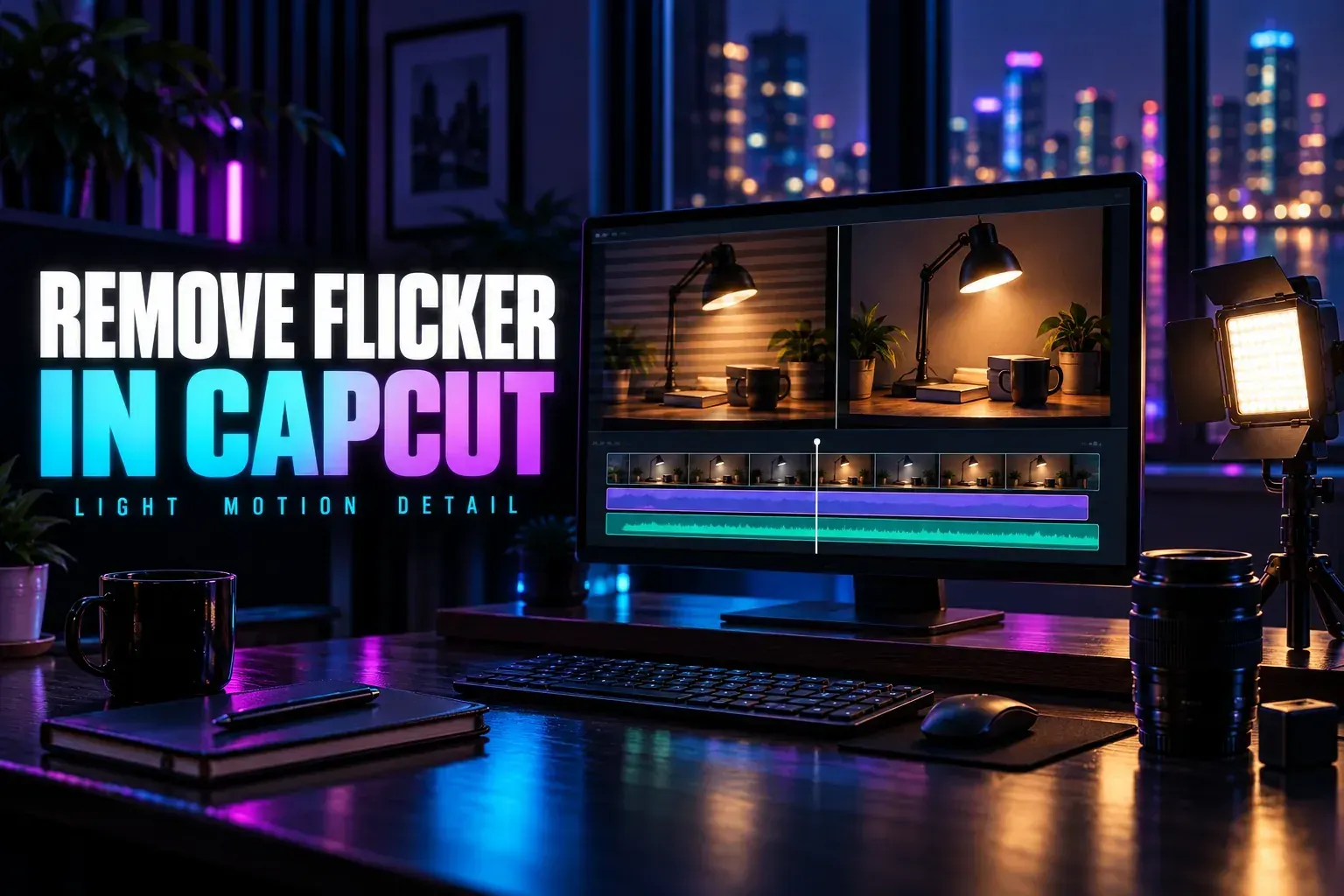 Lamp-lit video on an editing monitor beside a studio light under the title Remove Flicker in CapCut