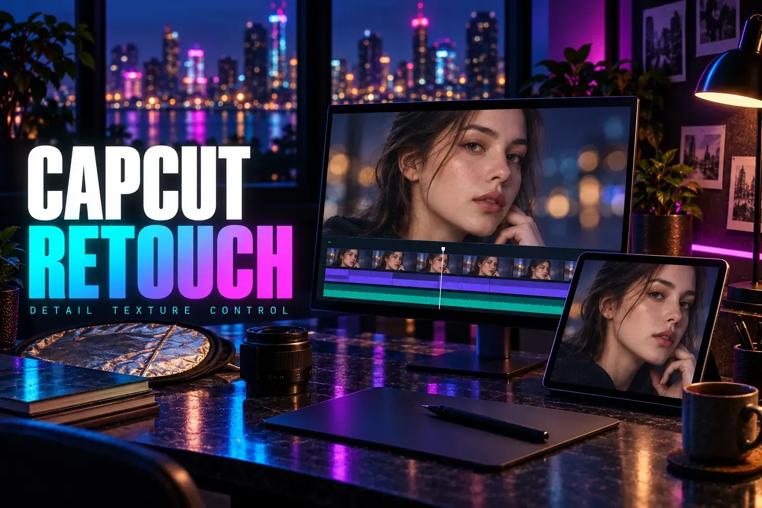 Portrait video on a monitor and tablet beside a stylus under the title CapCut Retouch