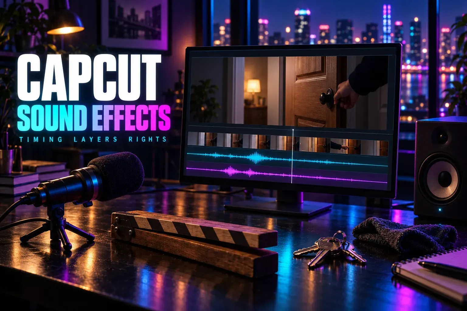 Video monitor with a door clip and sound waveforms beside foley props under the title CapCut Sound Effects