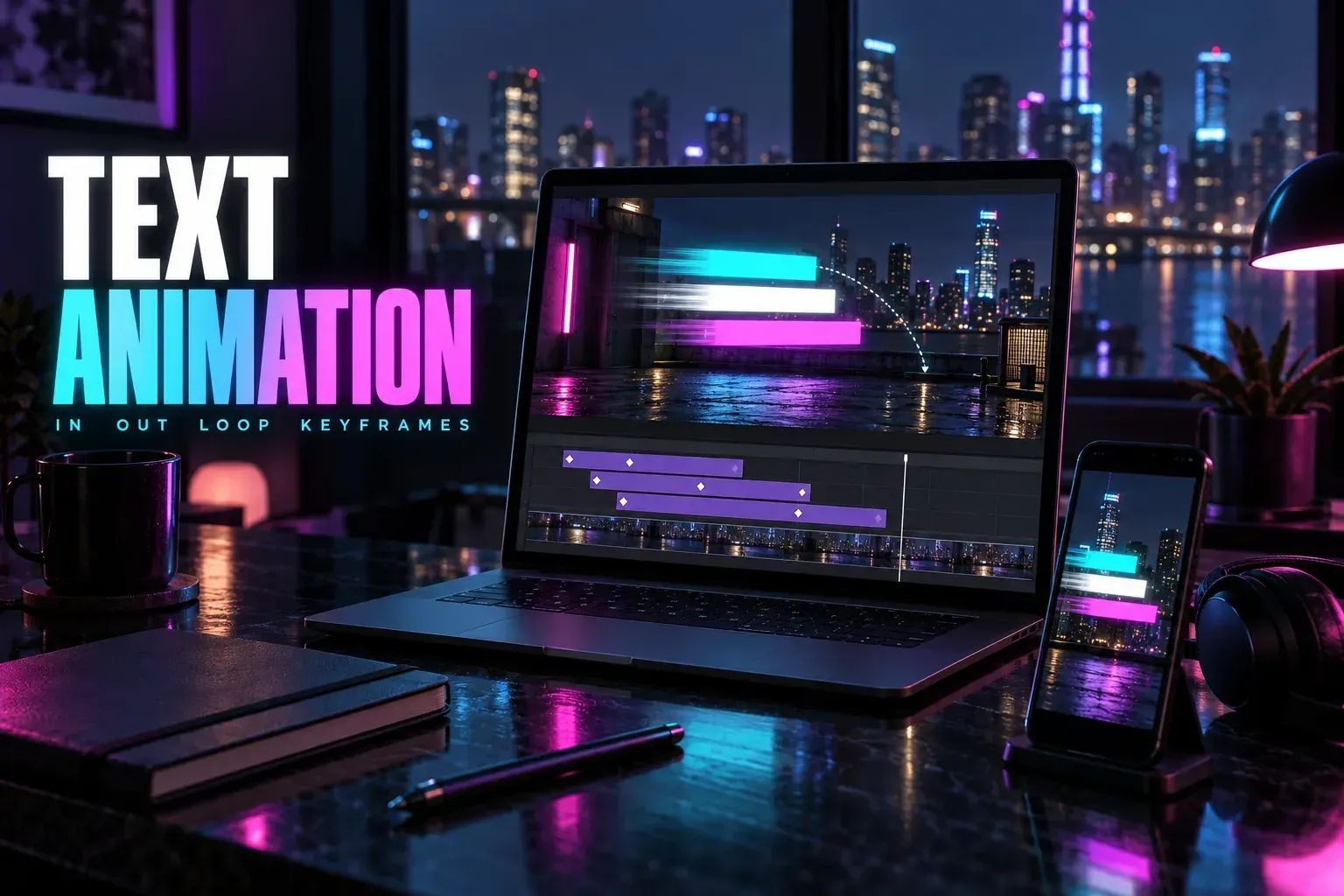 Laptop with a night rooftop where three blank cyan, white and magenta title bars slide in with motion trails, keyframed violet text blocks, a phone, a stylus, titled Text Animation