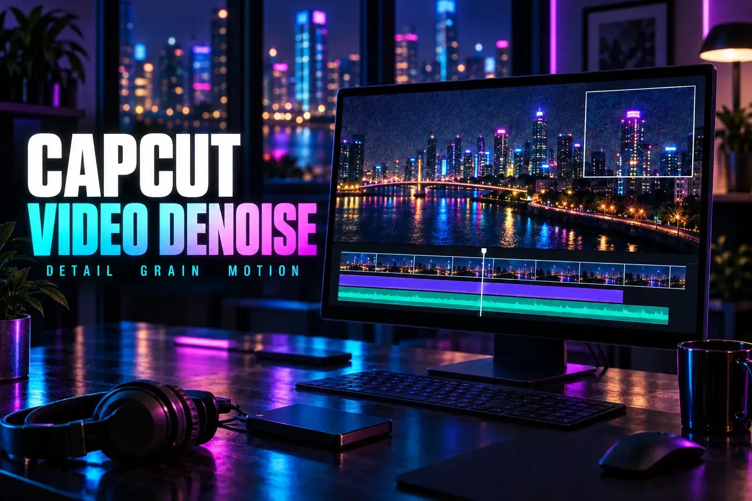 Night-city video and detail crop on an editing monitor under the title CapCut Video Denoise