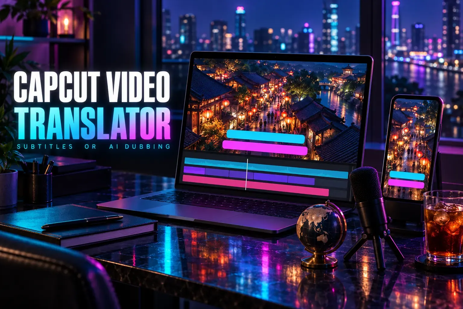 Laptop with a lantern-lit night market clip and two blank caption bars, a phone with the same street, a desk globe, a podcast microphone and iced tea, under the title CapCut Video Translator