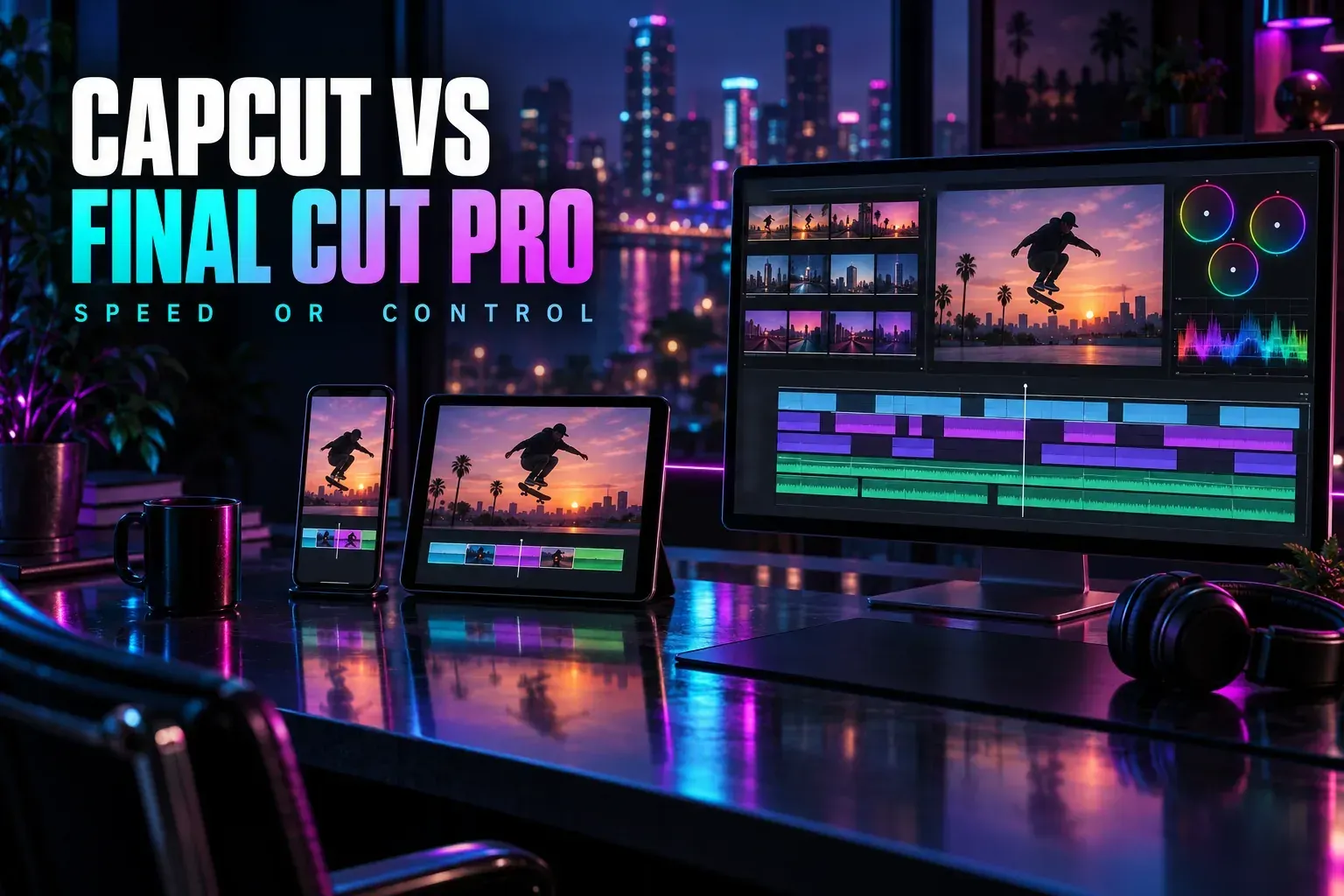 Phone and tablet with a quick skateboard edit beside a desktop monitor showing sorted clip bins, colour wheels, a scope and a five-track timeline, titled CapCut vs Final Cut Pro