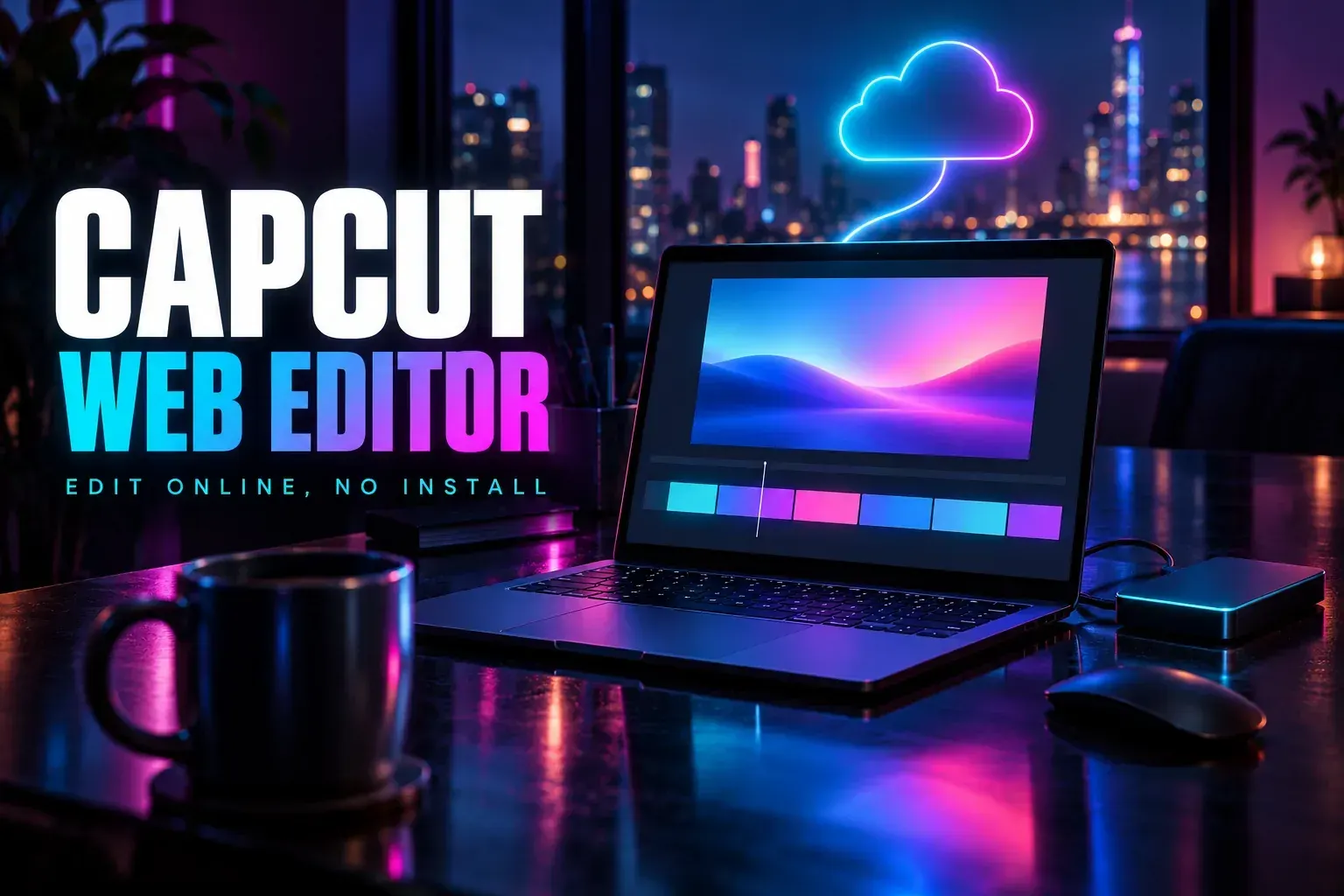 Laptop on a night desk showing a video frame above a colorful timeline, linked to a glowing cloud, with a hard drive and mouse beside it, under the title CapCut Web Editor