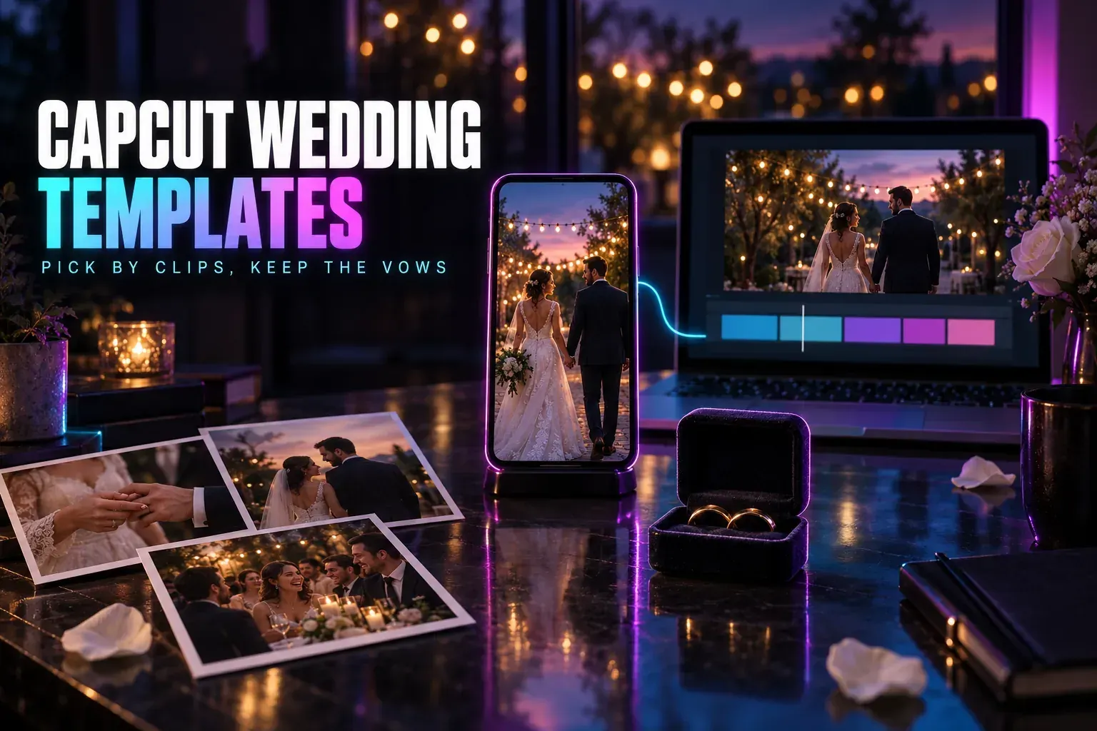 Phone on a stand showing a bride and groom under string lights, printed wedding photos, a ring box and a laptop timeline on a night desk, under the title CapCut Wedding Templates