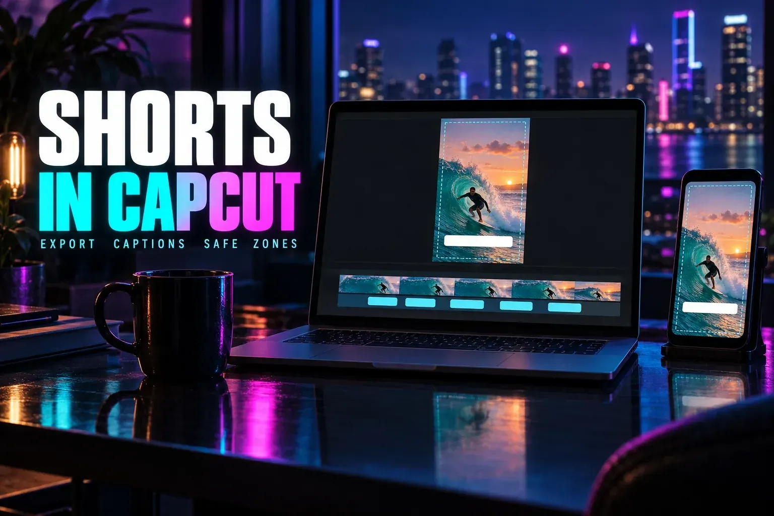 Laptop with a vertical surf clip inside a dashed cyan safe area with a blank caption bar, a timeline with caption pills, and a phone showing the same Short, titled Shorts in CapCut