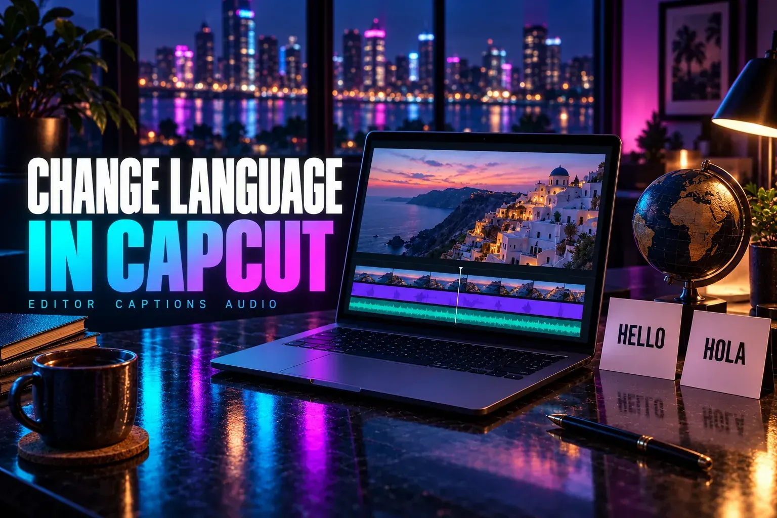 Laptop video timeline, language cards and globe beside the title Change Language in CapCut