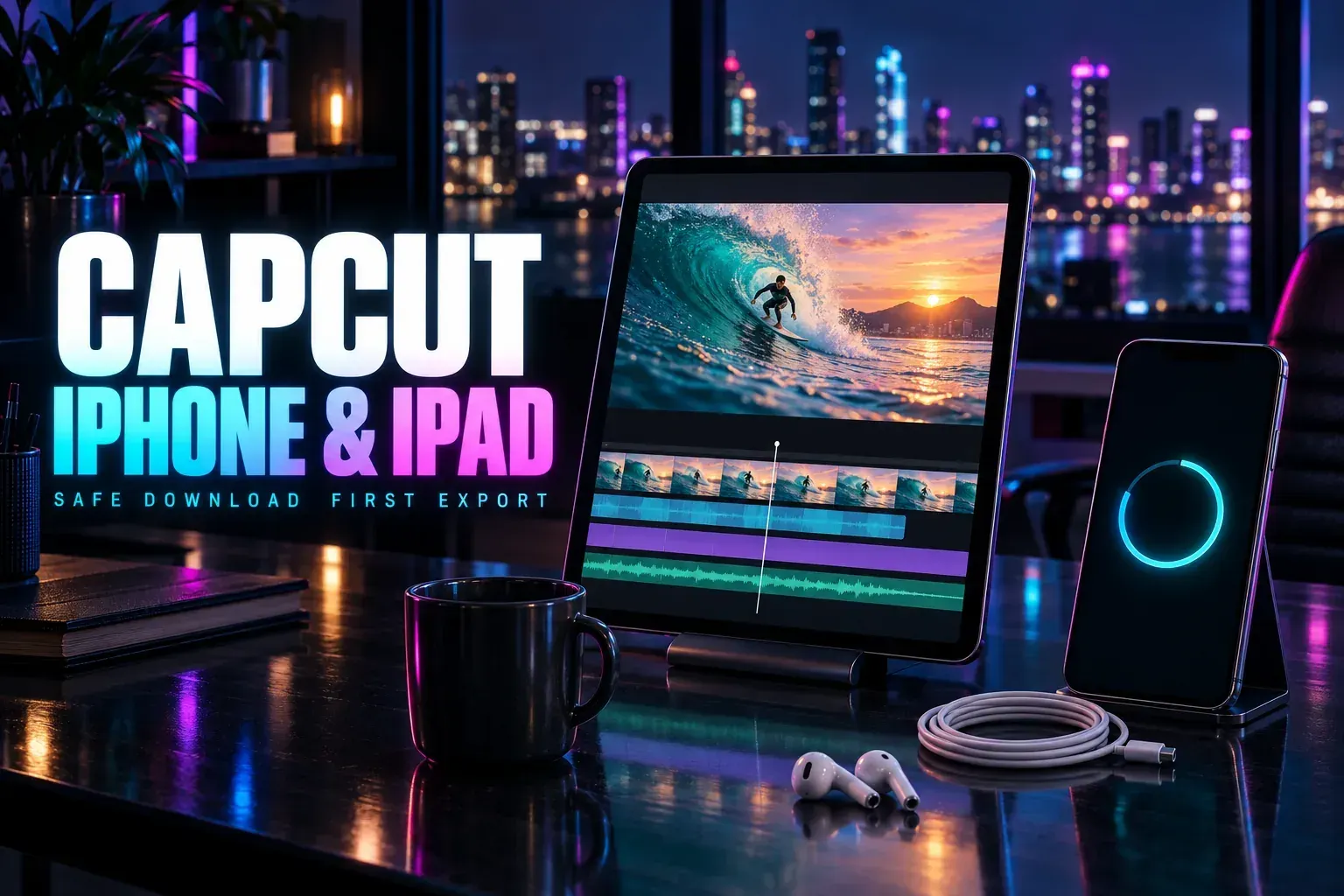 Tablet on a stand with a surfer inside a wave over a layered timeline, a phone showing a cyan progress ring nearly complete, earbuds and a cable, under the title CapCut iPhone & iPad