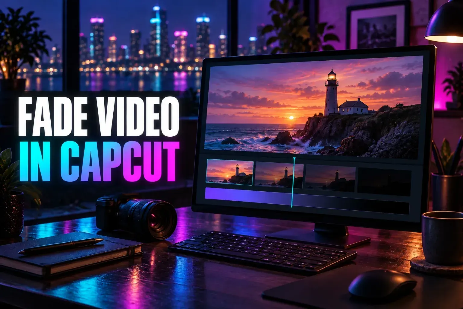 Lighthouse video and thumbnails fading to black on a monitor under the title Fade Video in CapCut