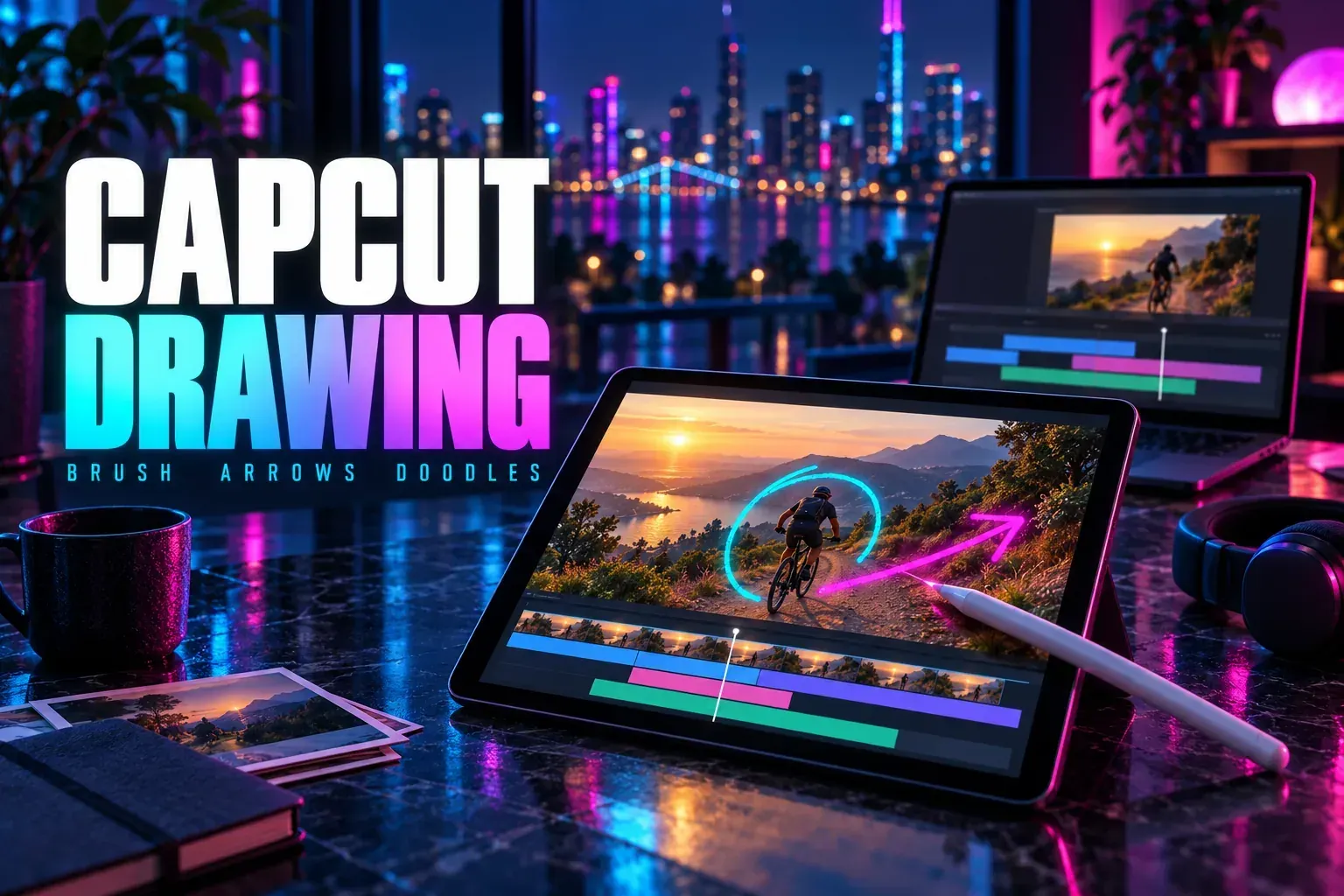 CapCut Drawing title beside a tablet where a stylus draws a magenta arrow and a cyan circle over a mountain-bike clip