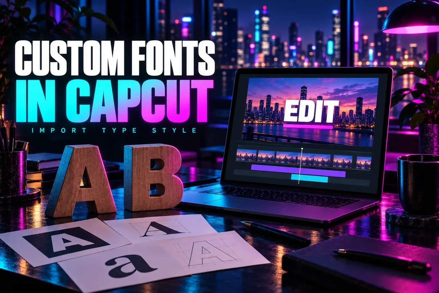Laptop title card, letter blocks and type sheets beside the title Custom Fonts in CapCut
