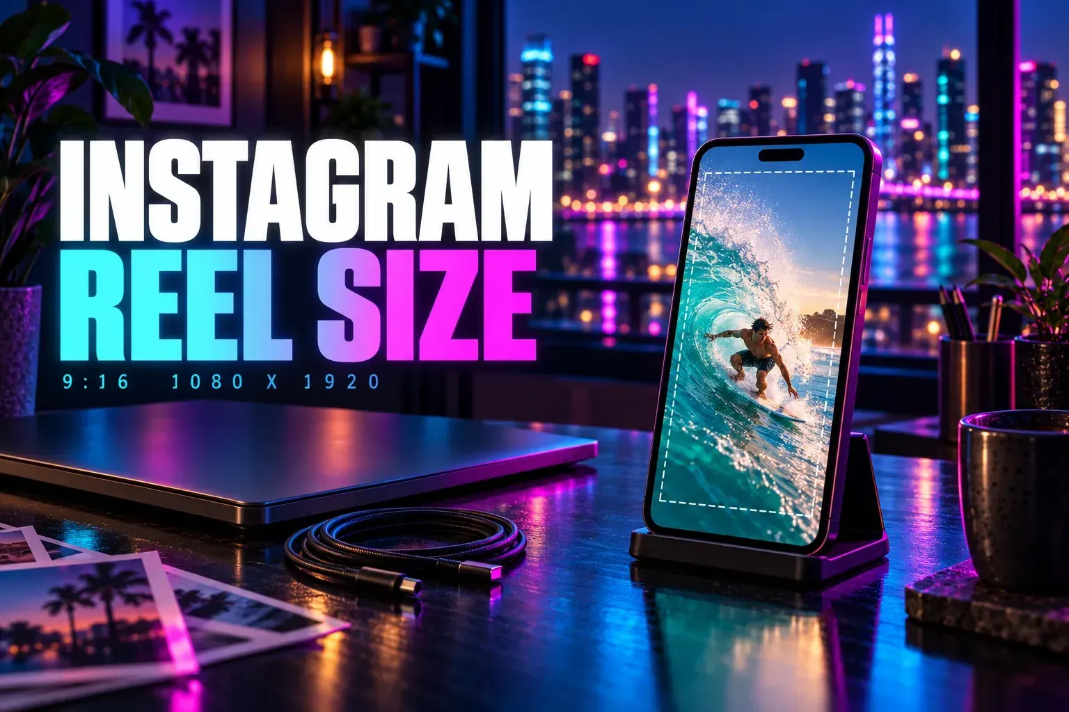 Instagram Reel Size title beside a phone on a stand showing a vertical surfing clip inside a dashed safe-zone outline