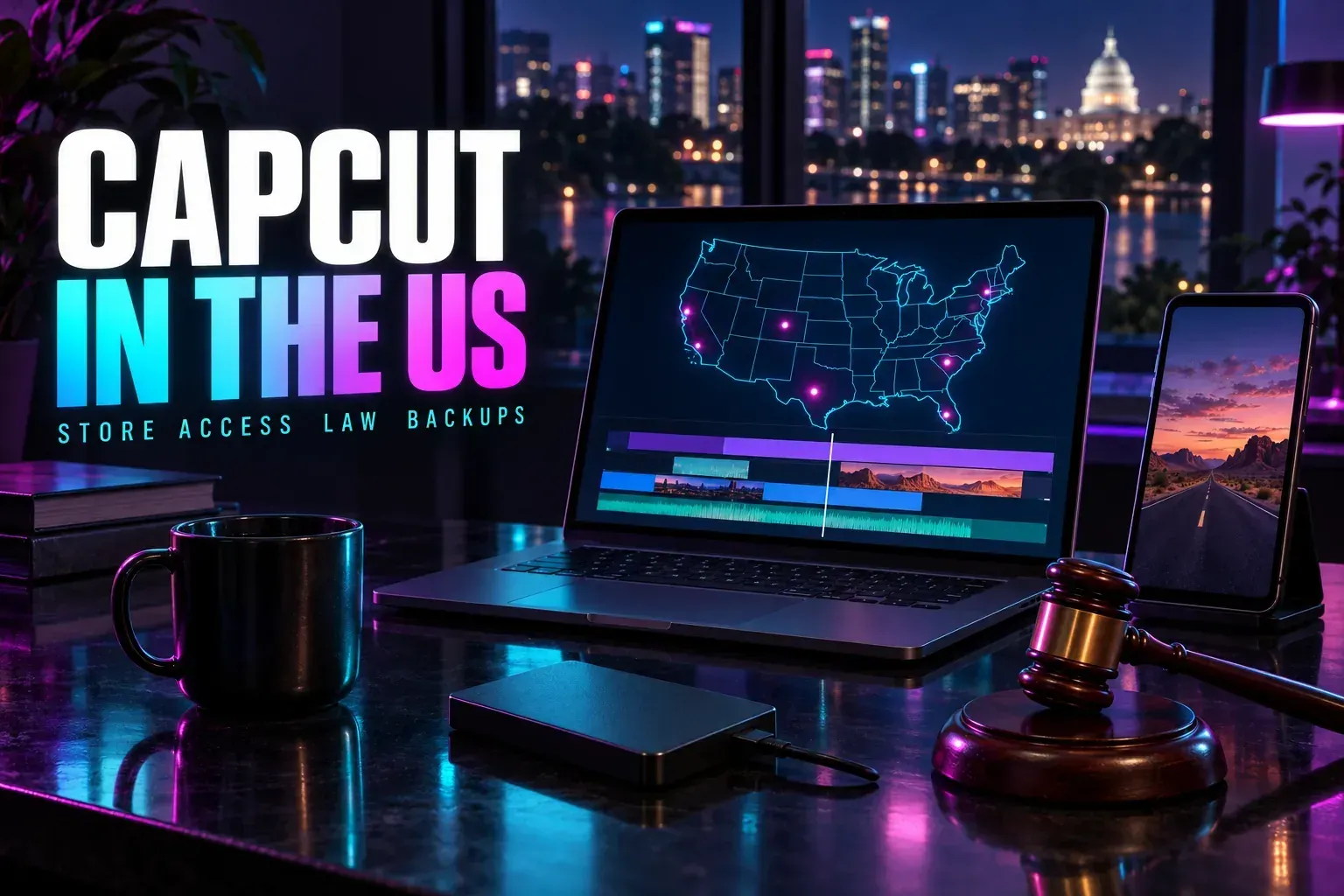 Laptop with a glowing outline map of the US marked by magenta dots above a timeline, a phone with a desert highway, a judge's gavel and an external drive, under the title CapCut in the US
