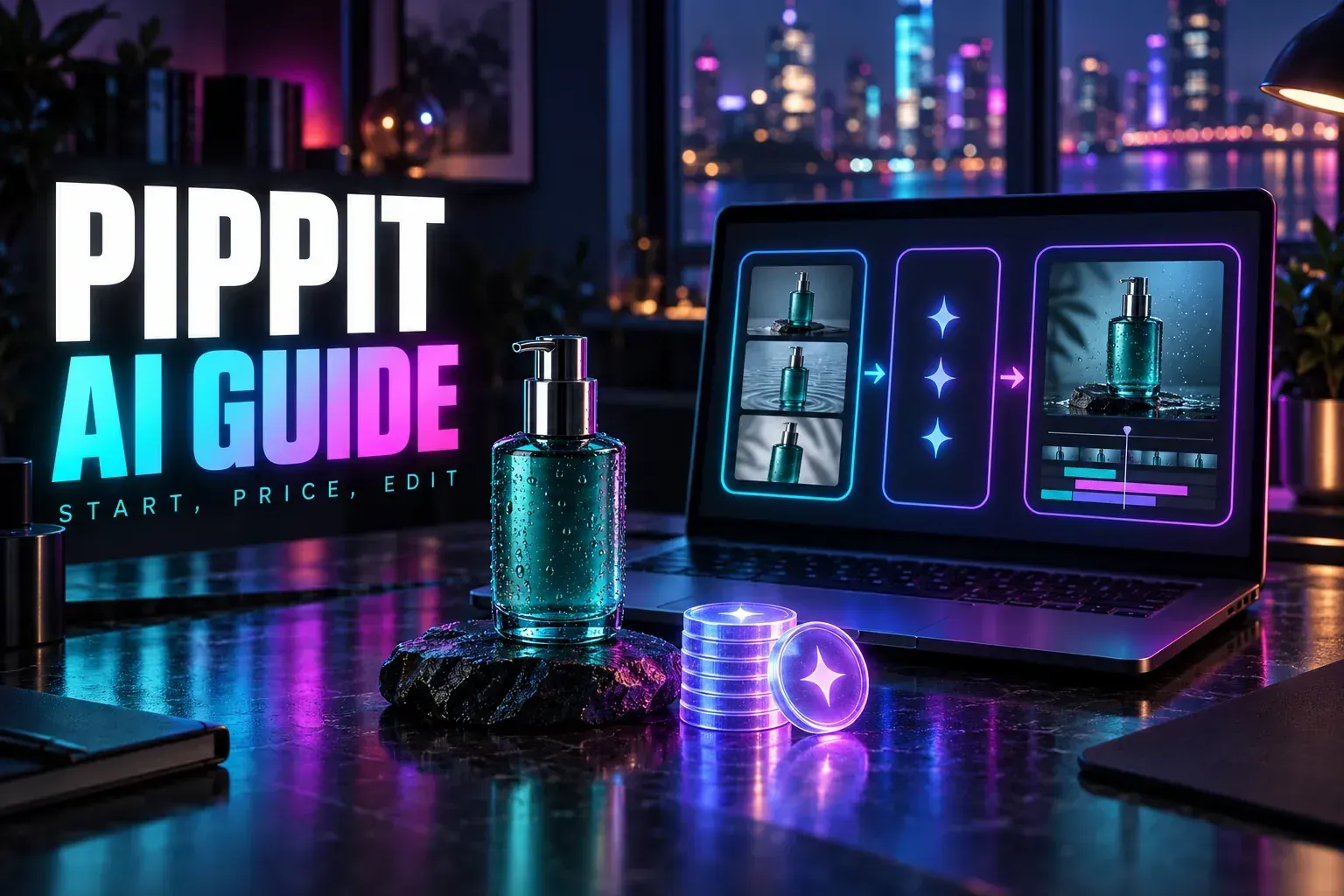 Laptop showing product photos, credit sparkles and an editing timeline in three linked panels beside a teal pump bottle and a stack of glowing coins, under the title Pippit AI Guide