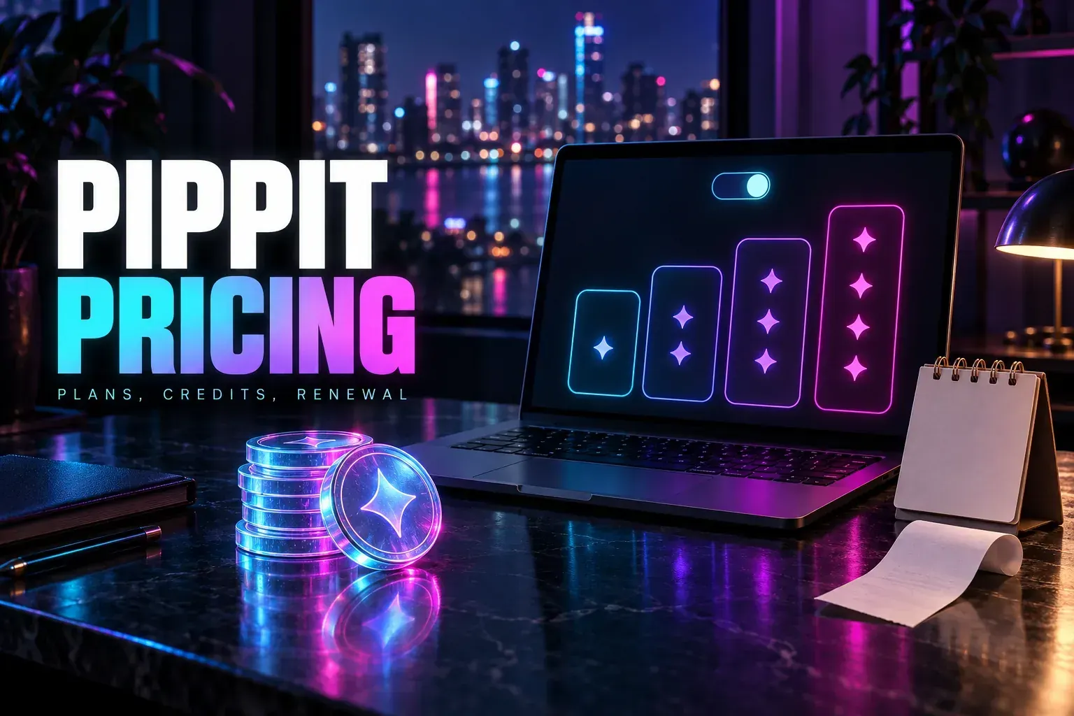 Laptop showing four plan columns of rising height filled with credit sparkles, beside a stack of glowing coins, a desk calendar and a receipt, under the title Pippit Pricing