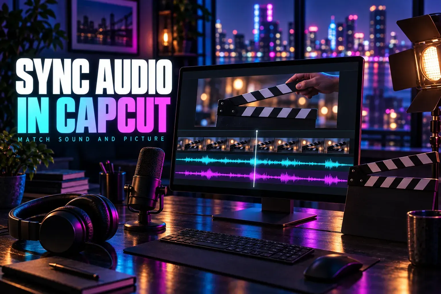 Clapperboard, microphone and aligned video and audio tracks beside the title Sync Audio in CapCut