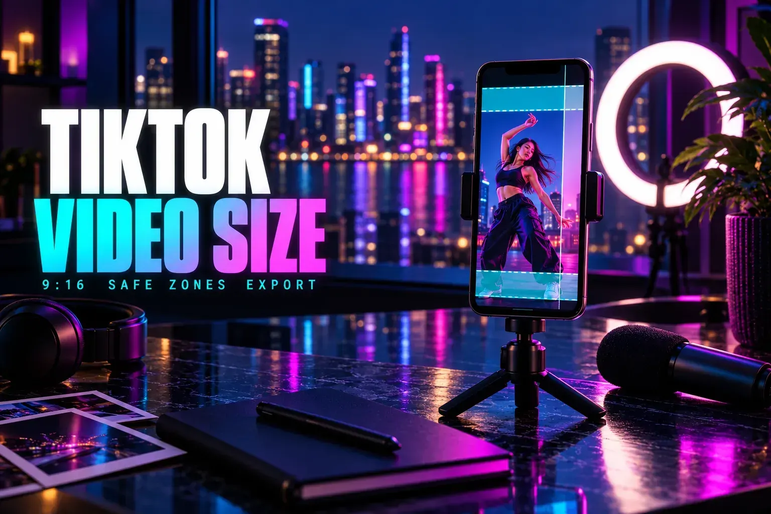 TikTok Video Size title beside a phone on a mini tripod showing a vertical dance clip with top and bottom safe-zone bands