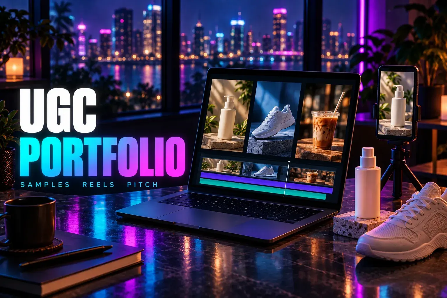 UGC Portfolio title beside a laptop showing three product sample clips, a phone on a tripod, a plain bottle and a white sneaker