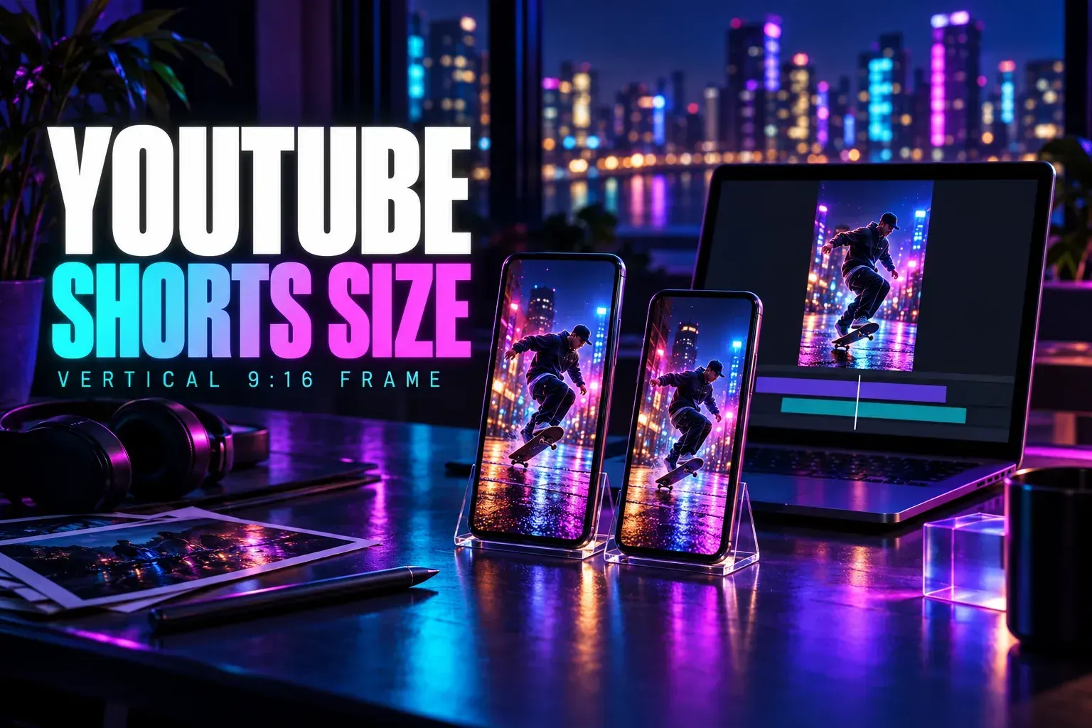 YouTube Shorts Size title beside two phones and a laptop showing the same vertical skateboarding clip on a 9:16 frame