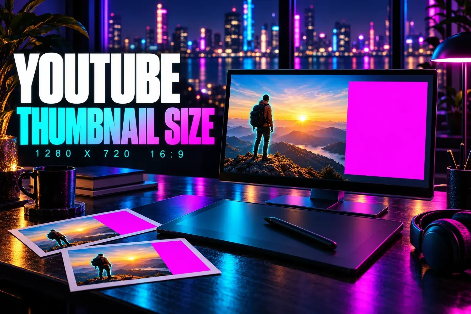 YouTube Thumbnail Size title beside a monitor showing a hiker at sunrise next to a plain magenta block, with printed proofs and a drawing tablet