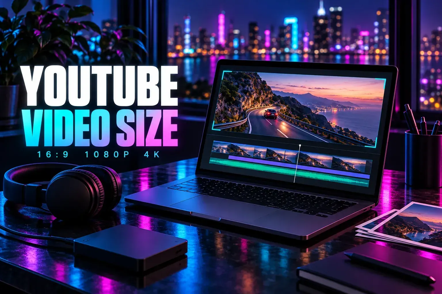 YouTube Video Size title beside a laptop showing a wide coastal road frame above a timeline, with headphones and an external drive on a night desk