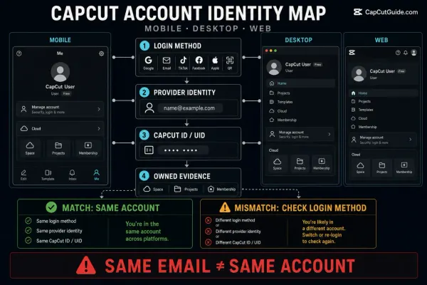 CapCut account identity map for login method, CapCut ID, projects and subscription evidence