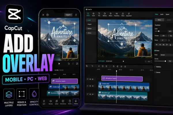 CapCut Mobile and Desktop editors with stacked video, picture-in-picture and graphic overlay layers