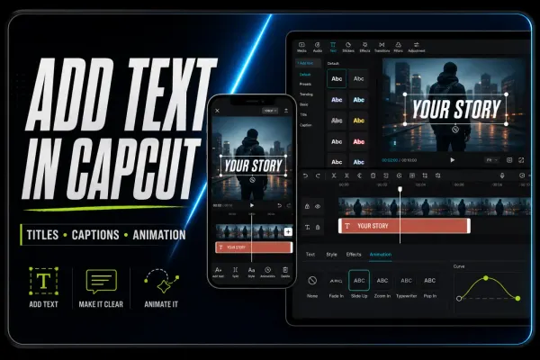 CapCut Mobile and Desktop editors with a selected title and text layer on the timeline