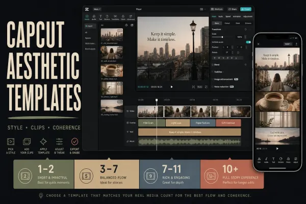 CapCut aesthetic templates cover with coherent lifestyle footage and one-to-ten-plus media-count choices