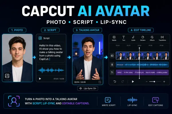 CapCut AI Avatar workflow from permitted photo and script to talking presenter and editable timeline