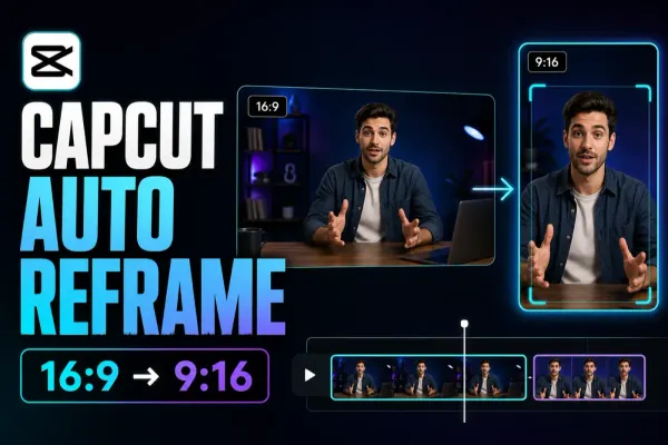 CapCut Auto Reframe cover converting a horizontal presenter video into a tracked vertical edit