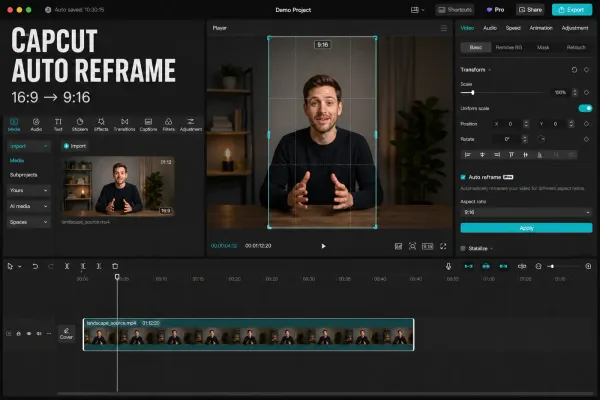 CapCut Auto Reframe converting a 16 by 9 presenter video into a tracked 9 by 16 vertical edit