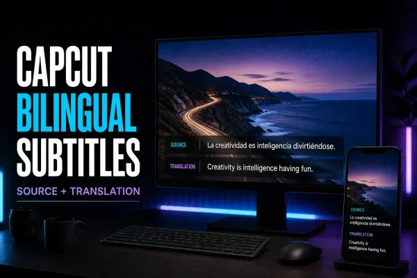 CapCut bilingual subtitles with source and translated caption rows on desktop and phone previews