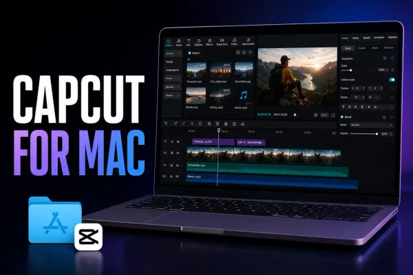 CapCut for Mac desktop editor open on a MacBook with a layered video timeline