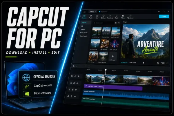 CapCut for PC download sources beside a Windows desktop video editing timeline