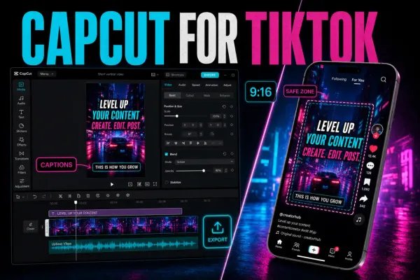 CapCut editor and TikTok preview with captions and a safe-zone guide