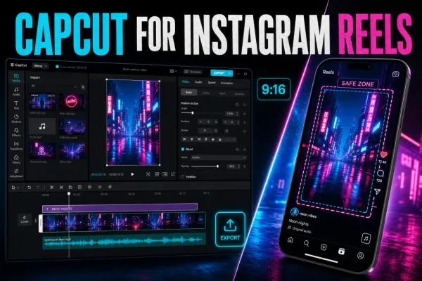 CapCut editor and Instagram Reels preview with a 9:16 safe zone