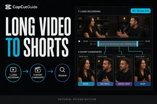 CapCut Long Video to Shorts workflow from one recording to four reviewed clip candidates